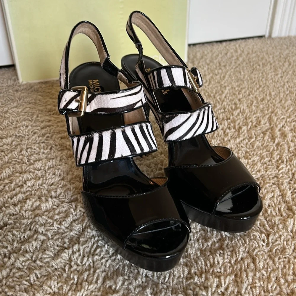 Michael Kors Zebra Print Calf Hair Brookville Platform Sandals EUC Sz 9.5